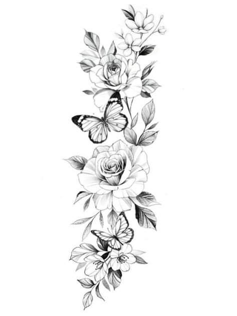 Flower Theme Tattoo Sleeve, Sleeve Tattoos For Women Butterflies And Flowers, Fineline Arm Tattoos For Women, Tattoo Flowers And Butterflies, Flowers With Butterfly Tattoo, Flowers Butterfly Tattoo, Tattoos With Butterflies, Floral Butterfly Tattoo, Red Flower Tattoos