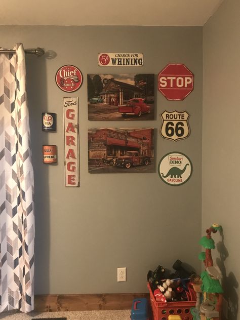 Cars Themed Room Boys, Automotive Home Decor, Boys Car Room Ideas, Mechanic Bedroom Ideas, Vintage Car Bedroom Ideas For Boys, Car Nursery Ideas Boy, Vintage Car Room For Boys, Mechanic Nursery Theme, Ford Nursery