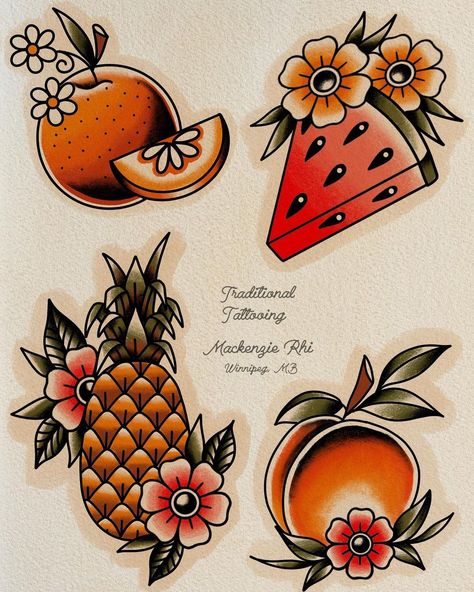 Tropical Traditional Tattoo, Traditional Watermelon Tattoo, Fruit Flash Tattoo, American Traditional Fruit Tattoo, Traditional Peach Tattoo, Summer Flash Tattoo, Traditional Fruit Tattoo, Fruits Tattoo, Fruit Tattoo Ideas