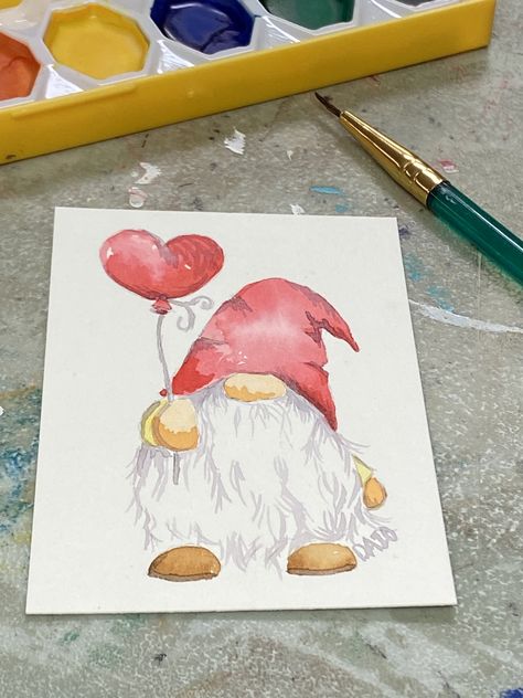 Watercolor trading cards. Simple but extra fun to paint. Watercolor Gnome Painting, Valentines Cards Painted, Watercolor Art Valentines, Gnome Watercolor Paintings, Valentine Watercolor Card Ideas, Valentines Watercolor Painting Ideas, Christmas Gnome Watercolor, Valentine Watercolor Cards Watercolour, Watercolor Gnomes Christmas