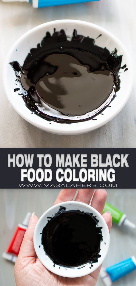 Mix up these colors to make your own black food dye from scratch! It takes less than 5 minutes. How To Mix Food Coloring To Make Different Colors, Making Black Frosting, How To Make Black Food Coloring Diy, How To Make Black Chocolate, Black Food For Halloween, Black Color Desserts, How To Make Black Playdough, Black Fondant Recipe, How To Make Black Icing Food Coloring