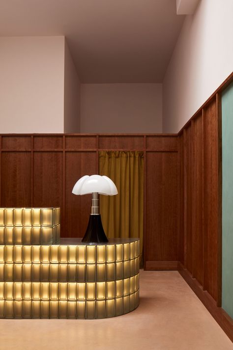 Studio Paul Chan references Wes Anderson at Boisson bottle shop in LA Lime Wash Walls, Modernist House, Wooden Wall Panels, Glass Brick, Steel Shelf, Bottle Shop, Wes Anderson, Glass Blocks, Hotel Lobby