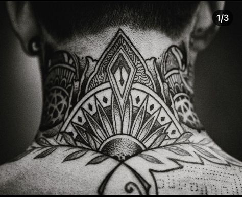 Geo Neck Tattoo, Mens Back Neck Tattoo, Back Of Neck Mandala Tattoo, Back Of Neck Tattoo Men Design, Men’s Mandala Tattoo, Sacred Geometry Neck Tattoo, Mandala Tattoo Back Of Neck, Dot Work Neck Tattoo, Sacred Geometry Tattoo Men