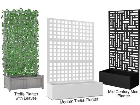 Choose from 3 different popular Trellis Planter Boxes.  Mid Century Mod Planter, Modern Planter Extra Wide Planter, and Trellis Planter with Leaves.  Great for creating a patio oasis, while adding privacy! Feature Wall Garden Outdoor, Trellis Planter Boxes, Pergola With Privacy Wall, Driveway Walls, Planter And Trellis, Patio Privacy Ideas, Dance Decor, Patio Oasis, Privacy Planter