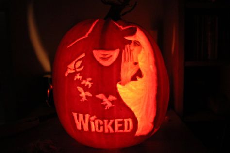 My first Halloween pumkpin this year, the poster of the lovely musical Wicked Wicked Pumpkin, Awesome Pumpkin Carvings, Wicked The Musical, Pumkin Carving, Halloween Pumpkin Carving Stencils, My First Halloween, Pumpkin Carving Designs, Wicked Musical, Halloween Pumpkin Designs