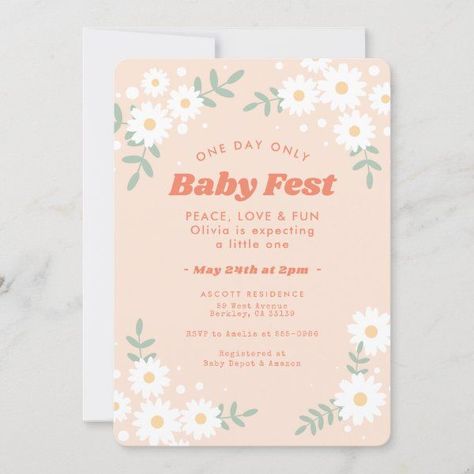 Daisy Flower Peach Music Festival Baby Shower Invitation Music Festival Birthday, Snowflake Invitations, Daisy Baby Shower, Daisy Party, 21st Birthday Invitations, Festival Birthday, Retro Birthday, Birthday Idea, Baby Shower Winter