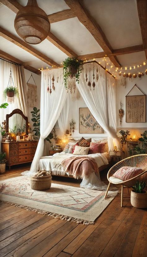 Get inspired to create your dream boho bedroom with these 21 decor ideas. A mix of earthy and chic styles! --- A chic boho bedroom featuring a canopy bed with sheer white drapes, surrounded by a mix of colorful throw pillows and blankets. The room includes a vintage wooden dresser with a large mirror, decorated with fairy lights and potted plants. Th... #Outdoor #DecorTips #Your #an #HomeIdeas #Embracing #Apartment #Charm #Kitchens #Eclectic #Eclectic #InteriorInspo #Transforming #Oasis #into Bed Netting Canopy Boho, Boho And Vintage Bedroom, Victorian Boho Bedroom, Cosy Boho Bedroom, Boho Reading Nook, Chic Boho Bedroom, Boho Glam Bedroom, Earthy Room, Boho Chic Wall Decor