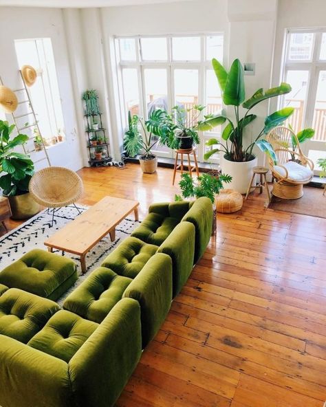 Trend Alert: Watch Out For This Color To Dominate in 2020! Green Couches, Eclectic Home, Bohemian Home, Small Living Room, My New Room, Decoration Design, Design Interior, Room Inspo, Potted Plants