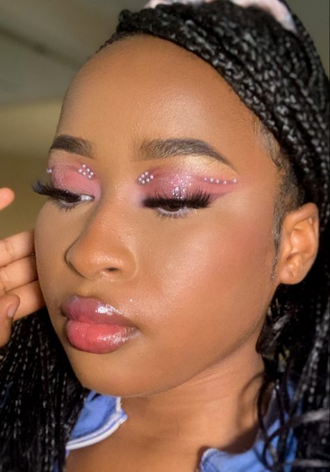 Pink Eye Makeup Looks Black Women, Pink Pearl Makeup, Pink Rhinestone Makeup, Pink Makeup Looks Black Women, Dance Competition Makeup, Pink Eye Makeup Looks, Shimmery Makeup, Competition Makeup, Birthday Makeup Looks