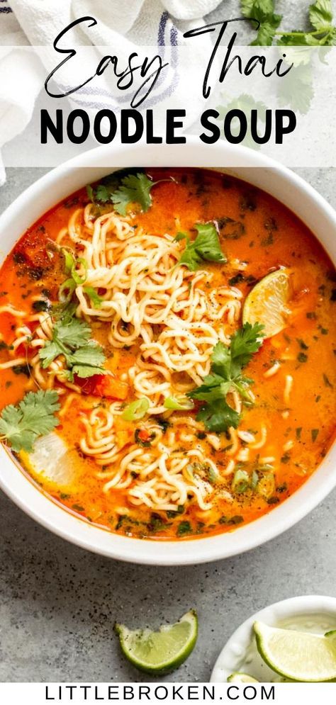 Easy Thai noodle soup with sweet and spicy broth, ramen noodles, and fresh lime juice. Warm and comforting Thai noodle soup made with red curry paste, coconut milk, and noodles of choice. It’s the perfect balance of spicy, salty, sweet, and sour. This soup is perfect for cool days. Plus it comes together very easily and quickly too! Thai Red Curry Noodle Soup, Thai Noodle Soups, Spicy Broth, Red Curry Noodle Soup, Curry Noodle Soup, Curry Noodles, Asian Soup, Noodle Soup Recipes, Easy Soups