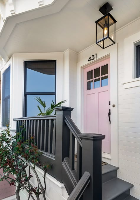 White House Black Trim Pink Door, Light Pink Door, Pink Front Door Colors, Pink Door White House, House With Pink Door, Pastel Pink Front Door, Pink Door House, White House With Colored Door, Black And White House With Colored Door