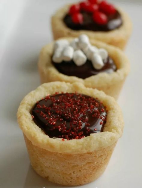 Chocolate Ganache Filled Sugar Cookie Cups | Foodtalk Shortbread Bites, Sugar Cookie Cups, Cup Dessert, Cookie Cups Recipe, New Year's Desserts, Ella Rose, Vegan Candies, Cookie Swap, Sugar Cookie Dough