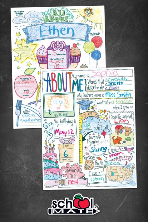 Let students share their creativity and engage in self-discovery with these color-it-yourself Make-It-Mine classroom posters from School Mate! Two different All About Me designs, both sold in packs of 30! All About Me Board Ideas, Poster About Yourself, All About Me Poster Kindergarten, About Me Poster Ideas, All About Me Poster Ideas, All About Me Project, Posters School, About Me Poster, All About Me Poster