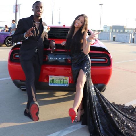 Prom Dress Couple Outfit, Black And Red Prom Couple, Prom Pictures With Car, Black Prom Couples, All Black Prom Couple, Red And Black Prom Couples, Black Prom Couples Outfit, Prom Black Couples, Couples Homecoming Pictures