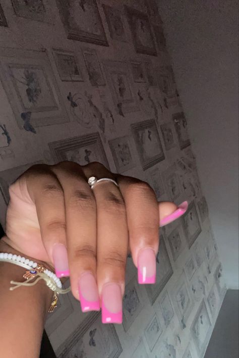 French Nails Regular, Med Square Acrylic Nails French Tip, Long Squoval Nails Design, Pink Nails Medium Length Square, French Tip And Rhinestone Nails, French Tip Nails Square With Design, Basic Medium Acrylic Nails, Nail Color French Tip, Purple French Tips Square