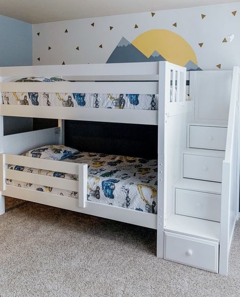 Step up your game with these bunk and loft beds! 😉⁠ .⁠ #mymaxtrix #bunkbeds #loftbed #kidsroominspo #custombed #boymom #girlmom #backtoschool Low Bunk Bed With Stairs, Bunk Bed Unisex Room, Kids Bunk Bed Stairs, Twin Bunk Beds With Stairs, Stairs Bunk Bed, Brother Bunk Beds, Bunk Beds For Brother And Sister, Toddler Room Bunk Beds, Bunk Bed With Steps