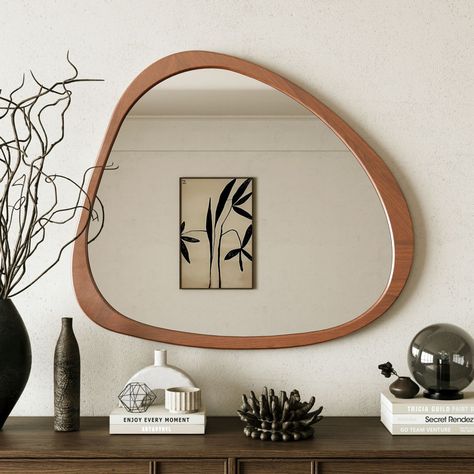 Introducing the Transitional Decor Style Pine Wood Wall Mirror, a stunning and asymmetrical wood mirror designed to elevate your home. Crafted with a solid pine wood frame, this mirror exudes timeless elegance and adds a touch of natural beauty to any space. At 45 inches in size, this generously proportioned mirror provides ample space for grooming and getting ready. Whether placed above a dresser or any furniture piece, it adds both functionality and style to your space, becoming a focal point Asymmetrical Wall Mirror, Mid Century Modern Living Room Mirror, Wooden Framed Mirror, Mirror Mid Century, Pine Wood Walls, Mid Century Modern Mirror, Mirror For Living Room, Asymmetrical Wall, Mirror Dressing