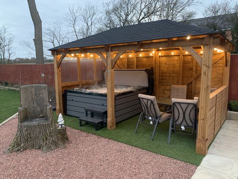 Gazebo Ideas Backyard With Hot Tub, Hot Tub Garden Ideas Privacy Screens, Hot Tub Pavilion, Patio With Gazebo And Hot Tub, Hot Tub Deck With Bar, Screened Hot Tub Enclosure, Hot Tub And Bbq Area, Outside Hot Tub Area, Hot Tub In Gazebo