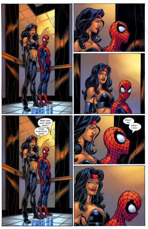 Spidey caught peeking at Elektra Comic Reference, Iconic Movie Characters, Superman And Spiderman, Marvel Headcanon, Ultimate Marvel, Marvel Avengers Funny, Marvel Spiderman Art, Ultimate Spiderman, Spiderman Comic