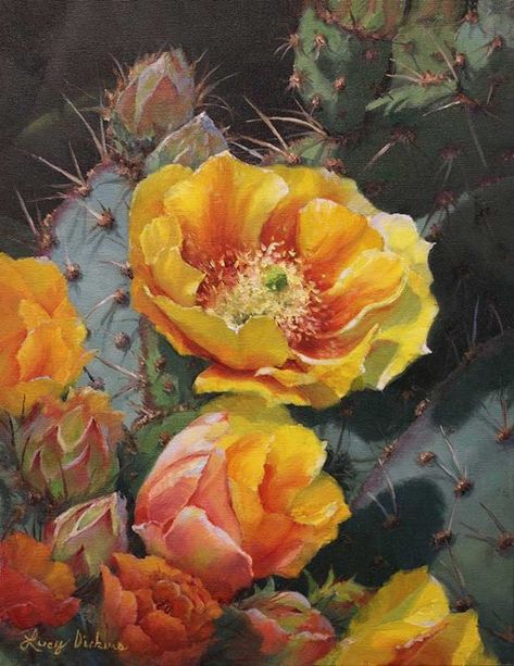 Cactus Paintings, Cactus Painting, Prickly Pear Cactus, Desert Flowers, Desert Art, Desert Painting, Cactus Art, Southwest Art, Cactus Flowers