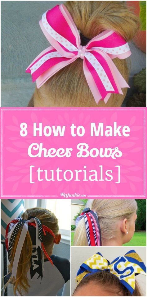 8 How to make cheer hair bows for girls ! They're so pretty they can be worn for any occasion. via @tipjunkie Softball Hair Bows Diy How To Make, Volleyball Hair Bow, School Spirit Hair Bows Diy, Team Hair Ribbons Diy, How To Make Hair Ribbons, Diy Cheer Bows, Hairstyles Cheer, Make Cheer Bows, Cheer Bow Tutorial