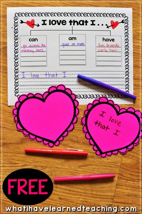 A fun Valentine's Day Activity where students share what they love about themselves. Create an anchor chart in your classroom, have students use the FREE graphic organizer, and then create a heart with their favorite attribute. This is a FREE download! #valentinesdayactivity #valentinesdayintheclassroom Valentine's Writing Activities, Valentines Day Writing First Grade, Love Is Writing Activity, Valentine Counseling Activities, Valentines In Classroom, Valentines Day Crafts For 2nd Grade, Valentine Crafts 1st Grade, Valentines Crafts For Classroom, Parent Valentines From Kids