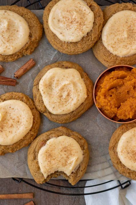 Pumpkin Spice Cookies Aesthetic, November Baking, Pumpkin Cream Cheese Cookies, Baking With Pumpkin, Pumpkin Cheesecake Filling, Pumpkin Shaped Cookies, Pumpkin Cheesecake Cookies, Pumpkin Cream Cheese Pie, Fall Baking Recipes