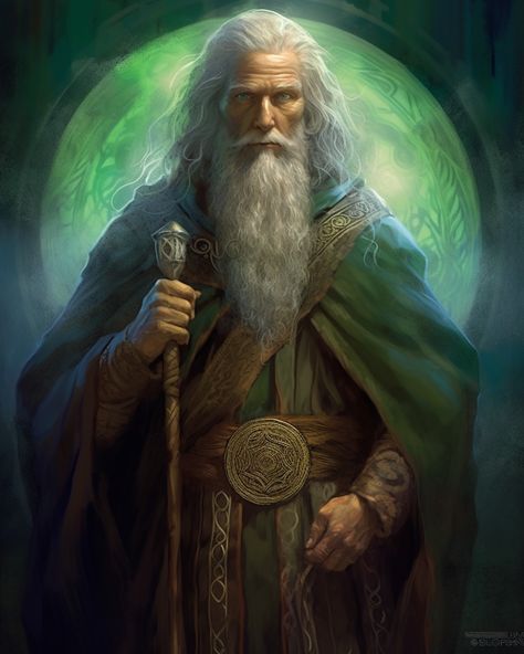 "The Watchful Wizard: A Celtic Mage Whose Vigilant Presence Guards Against the Forces of Darkness." Merlin The Wizard, Green Wizard, Magical Beings, Troll Hunters, Green Dragon, Dress Hairstyles, Kung Fu Panda, Character Ideas, Green Art