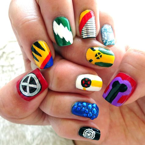 X-Men: Days of Future Past Nail Art. Throwback to the old comic book uniforms featuring: Xavier, Wolverine, Quicksilver, Colossus, Iceman, Magneto, Rogue, Storm, Mystique, and Havok. #nailart #marvel X Men Nails, Storm Nails, Wolverine Nails, Men Crafts, Nerdy Nails, Comic Nails, Men Nails, X Men Storm, Old Comic Books