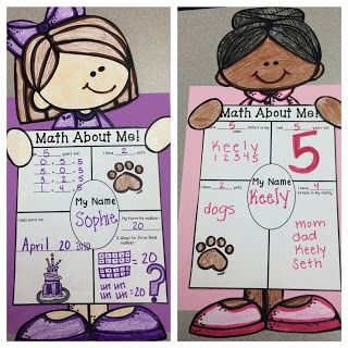 The 2 Teaching Divas: Math About Me!!  Very cute, hands-on craftivity just right for back to school! Learn all about your new students and the math in their lives! Makes a very cute display and covers a variety of standards! Inside this pack there are 4 different Math about Me pages (ranging from easy to more difficult) and 9 different kids to choose from. Maths Poster Making Ideas, All About Me Math, All About Me Maths, First Day Jitters, Math Posters, Math Number Sense, Math Crafts, Math School, Kids Math