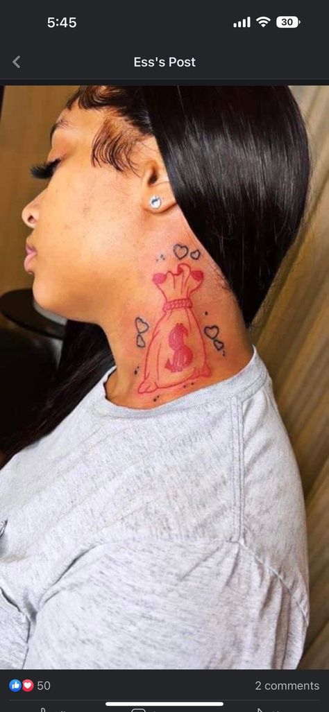 Cute Neck Tattoos For Black Women, Neck Tattoos On Black Women, Baddie Tattoos Neck, Moneybag Tattoos On Neck, Neck Tats Black Women, Thug Tattoos For Women Neck, Money Bag Neck Tattoo, Hood Girl Tattoos, Baddie Neck Tattoo Ideas Female