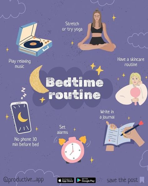 Productive - Habit tracker on Instagram: "Like a morning routine, an evening routine has some valuable time to make the most of the day and prepare for the following day. Check these evening routine habits that you can adopt to end your day for having a full and productive day when you wake up! Remember to save this post for later & share it with your friends 💜" Habit App, Daily Routine Habits, Relaxation Exercises, Life Changing Habits, A Morning Routine, Productive Habits, Vision Board Affirmations, Productivity Apps, Evening Routine