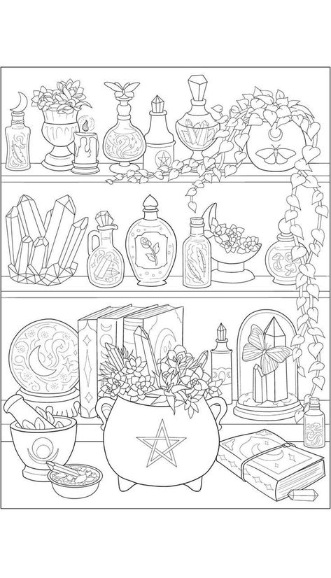 Witchy Coloring Pages Simple, Witchy Shelf Drawing, Witchcraft Coloring Pages Free Printable, Witchy Colouring Pages, Free Witchy Coloring Pages, Fairycore Coloring Pages, Coloring Book Art Aesthetic, Cottage Core Coloring Pages, Witchy Coloring Pages Free Printable