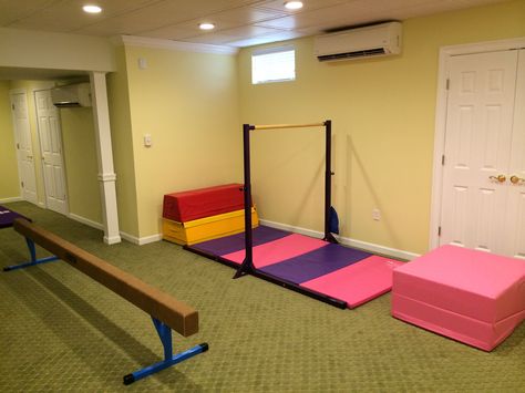 Inside Gymnastics Room, Gymnastic Room Ideas, Gymnastics Basement Ideas, Garage Gymnastics Gym, Basement Gymnastics Area, Gymnastics Room In House, Home Gymnastics Room For Kids, At Home Gymnastics Room, Home Gymnastics Room