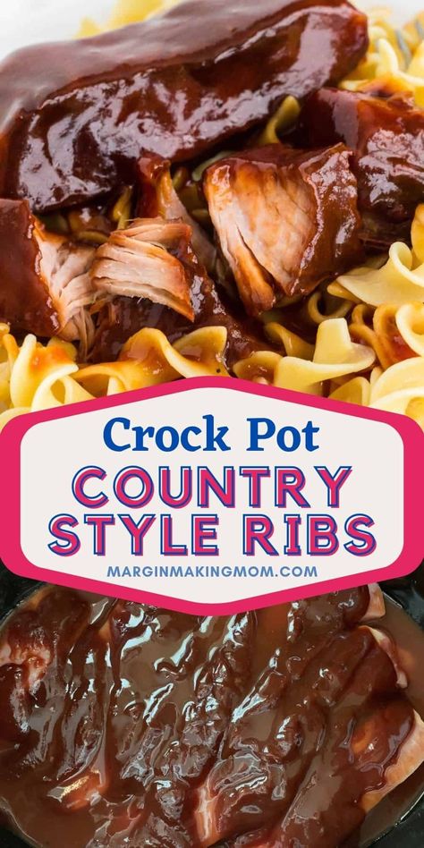 You'll love how easy it is to make these country style BBQ ribs in your slow cooker! They're fall-apart tender, with just three ingredients! Country Style Spare Ribs Crock Pot, Country Style Ribs In Crock Pot, Slow Cooker Country Style Pork Ribs, Crockpot Country Style Ribs, Boneless Ribs Recipe, Slow Cooker Country Style Ribs, Bbq Pork Shoulder, Country Pork Ribs, Boneless Beef Ribs