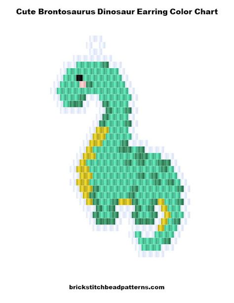 Free Cute Brontosaurus Dinosaur animal earring brick stitch seed bead weaving art graph pattern. Download the free bead pattern color chart graph, labeled color chart graph, a letter chart graph that is similar to a word chart, and a bead count list. These earrings were designed for using generic seed beads by Brick Stitch Bead Patterns Journal. Seed Bead Dinosaur, Brick Stitch Dinosaur, Beaded Dinosaur Pattern, Beading Business, Cute Brontosaurus, Bead Creatures, Brick Stitch Pattern Earring, Beaded Critters, Seed Bead Patterns Free