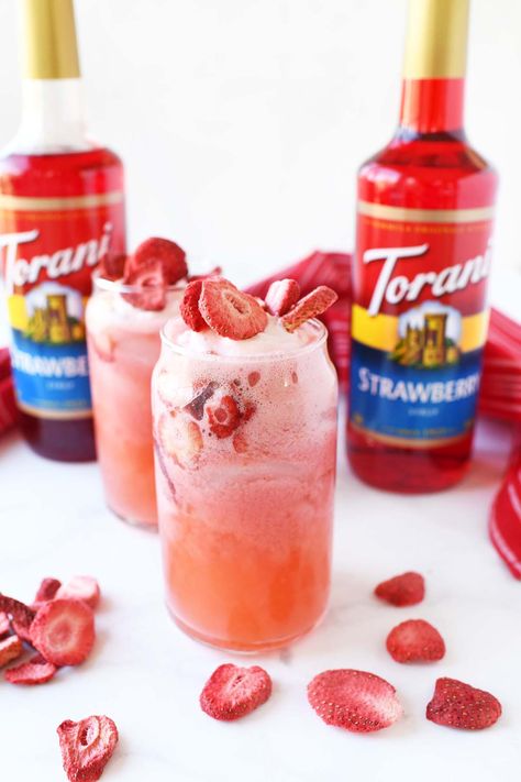 Strawberry Pink Drink Torani Cherry Syrup Recipes, Torani Syrup Recipes Lemonade, Torani Syrup Cocktail Recipes, Strawberry Torani Syrup Recipes, Torani Strawberry Syrup Recipes, Torani Drink Recipes, Torani Syrup Recipes Drinks, Strawberry Shortcake Drink, Torani Drinks