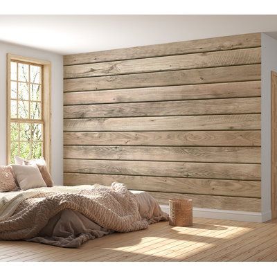 These wall murals can literally transform any room from ordinary to spectacular in no time. It looks just like the real thing - you won’t be able to tell the difference! | Gracie Oaks Omendra Plain Wooden Planks Wall Mural Brown 39.0 in | Home Decor | C010040203_266697797_266697823 | Wayfair Canada Wood On Accent Wall, Wood Panel For Tv Wall, Bedroom Decor Wood Wall, Bedroom With Peel And Stick Wallpaper, Wooden Planks In Bedroom, Wooden Panel Accent Wall, Wood Plank Wall Ideas, Wide Plank Shiplap Walls, Rustic Shiplap Wall Bedroom