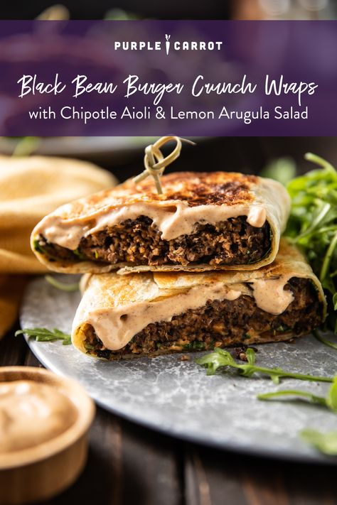 Burger Crunch Wrap, Lemon Arugula Salad, Healthy Black Bean Recipes, Purple Carrot Meals, Black Bean Patties, Black Burger, Cook Quinoa, Burger Salad, Black Bean Burger