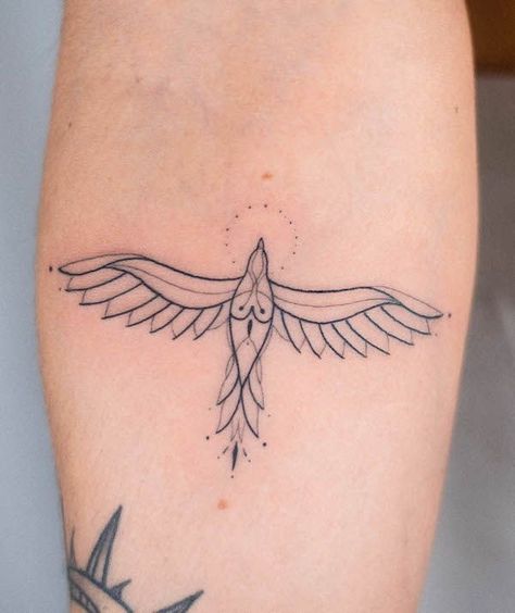 Bird Nature Tattoo, Mini Phoenix Tattoo Feminine, Small Rebirth Tattoo, Phoenix Tattoo Design Fine Line, Dainty Phoenix Tattoos For Women, Boho Bird Tattoo, Female Protector Tattoo, Words Down Side Tattoo, Minimal Phoenix Tattoo Design