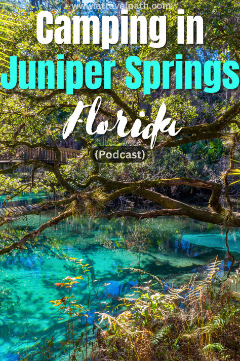 a photo of a tropical area with blue water and green trees and a wooden pedestrian bridge in the background. the caption reads "Camping in Juniper Springs Florida (podcast)" Juniper Springs Florida, Florida Campgrounds, Daytona Florida, Kings Landing, Florida Camping, Springs Florida, King's Landing, 3 Sisters, Interesting Places