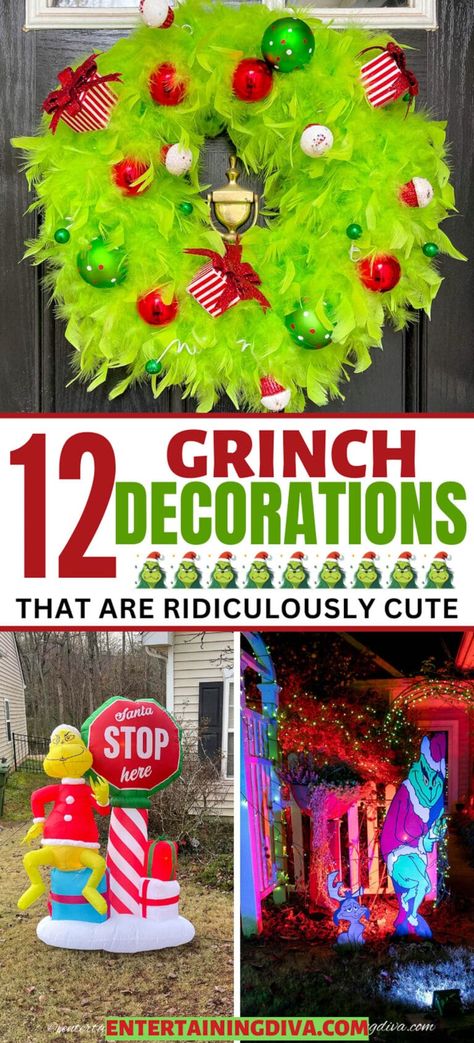 12 Awesome Grinch Outdoor Decor Ideas | Christmas Grinch Exterior Decor, Outdoor Whoville Decorations, Grinch Pulling Lights Off House, Diy Grinch Outdoor Decorations, Grinch Lair Decoration, Grinch Yard Decorations Diy, Grinch Christmas Outdoor, Christmas Decor Ideas Grinch, Grinch Outdoor Decor