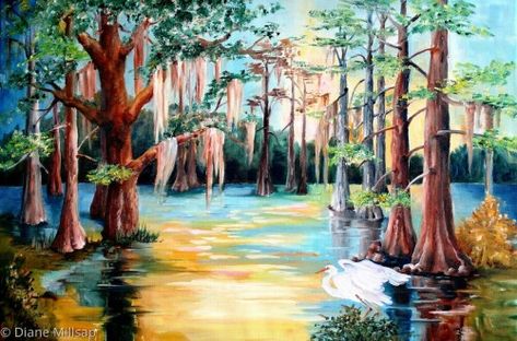 Louisiana Swamp, Santa Paintings, Louisiana Bayou, Beautiful Landscape Paintings, Abstract Tree Painting, Louisiana Art, New Orleans Art, Landscape Painting Tutorial, Leaf Painting