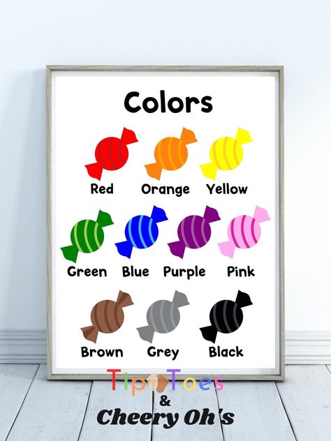 This product is a digital PDF download. There will be no physical product shipped. 🌞This colorful learning printable contains an Classroom Candy Color Chart. This poster is great for helping kids to learn their colors with candy. This can be used for a homeschooling resource daily. WHAT YOU RECEIVE A Printable PDF Download That Contains 3 file sizes of a Candy Color Chart with 10 Colors. An (8.5x11), (16x20), and a (18x24). HOW PRINTABLES WORK 1. Purchase the printable through the listing. 2. O Colors Decoration Classroom, Colour Chart For Preschool Classroom, Month Chart Preschool, Simple Class Decoration Ideas, Colors Bulletin Board Preschool, Colours Chart For Kindergarten, Colours Names Charts For Kids, Months Name Chart For Kids, Color Chart For Preschool