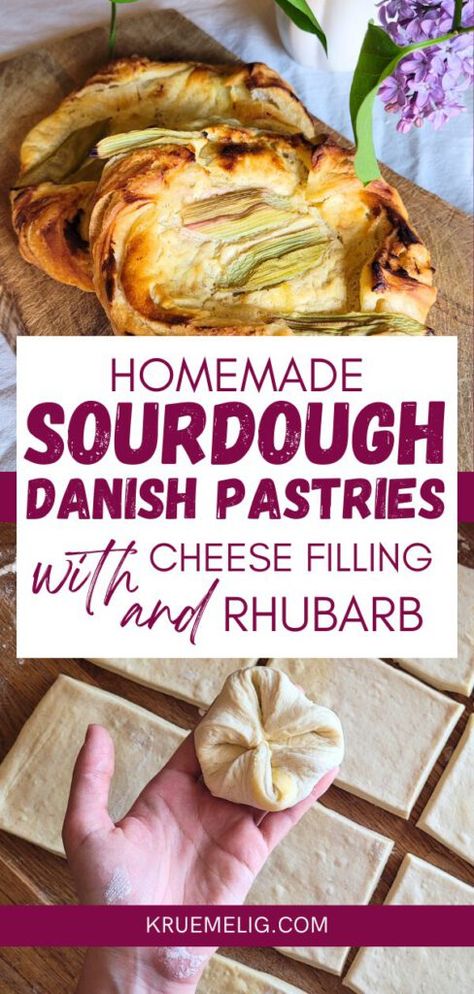 Homemade Danish Sourdough Pastry with Cheese Filling and Rhubarb - KRÜMELIG Sourdough Danish Recipe, Sourdough Pastry Dough, Rhubarb Danish, Sourdough Danish, Sourdough Pastry, Sourdough Croissants, Homemade Danish, Danish Pastry Dough, Sourdough Ideas