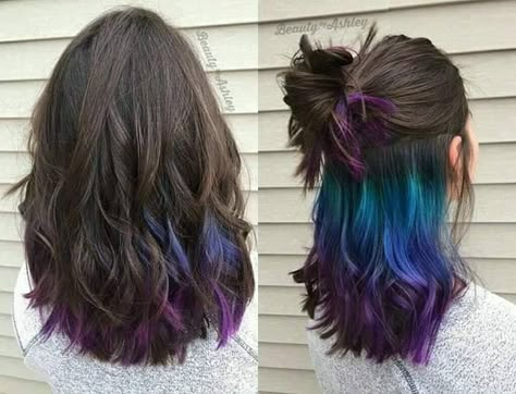 Under Hair Color, Bob Pendek, Childhood Activities, Hidden Hair Color, Peekaboo Hair Colors, Purple Ombre Hair, Galaxy Hair, Hair Color Underneath, Peekaboo Hair