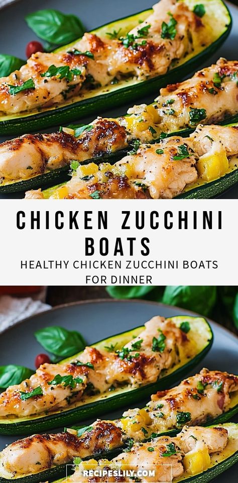 Transform your dinner with these delicious Chicken Zucchini Boats! This healthy recipe features tender zucchini halves stuffed with seasoned chicken, packed with flavor and nutrients. Perfect for a quick weeknight meal or a fun dish for entertaining. Top them with your favorite cheese for an extra indulgence. Easy to make and customizable to your taste, these zucchini boats are a family favorite that everyone will love. Dive into this delightful dish tonight! Chicken Enchilada Zucchini Boats, Zucchini Boats With Chicken, Chicken Alfredo Zucchini Boats, Chicken Parm Zucchini Boats, Stuffed Zucchini Boats Chicken, Zuchini Boats Baking Recipes, Zucchini And Chicken Recipes, Zucchini Chicken Recipes, Zucchini Boats Chicken