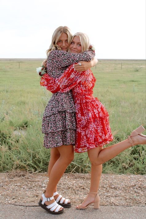 Best Friend Pictures Dresses, Modest Hoco Dresses, Best Friend Senior Pictures Outfits, Best Friends In Dresses Aesthetic, Country Church Outfit, Hoco Inspo Pics Friends, Best Friend Photoshoot Beach Dress, Modest Homecoming Dresses, Modest Workout