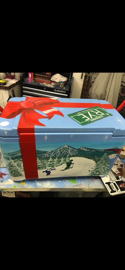 Painted cooler skiing mountain Skiing Cooler Painting, Frat Cooler Skiing, Mountain Weekend Cooler, Cooler Ideas, Cooler Gift, Frat Coolers, Cooler Painting, Sorority Life, Car Painting