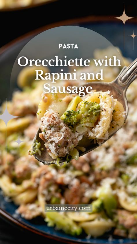 This simple yet satisfying recipe is a plunge into the very essence of Italian cuisine. Each bite is a tribute to the traditions of Puglia and the recipe for orecchiette alla cime di rapa, where the flavors of Italian sausages blend perfectly with the slight bitterness of rapini. A quick and tasty recipe inspired by Pugliese cuisine, with Italian sausages, rapini and Parmesan. Delicious! Rapini Recipes Italian, Italian Sausage Rigatoni With Spicy Cream Sauce, Spicy Rigatoni Pasta Italian Sausages, Pasta Rapini Sausage, Italian Sausage Link Recipes, Rana Italian Sausage Ravioli Recipe, Rapini Recipes, Ribbon Pasta, Italian Sausage Recipes